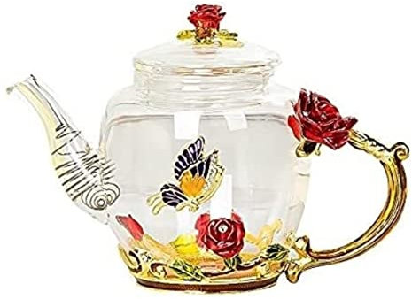 Teeservice, Kaffeetassen-Set, Teetassen-Set, 7-Teilig, Emaille-Teetassen-Set, Glas-Teekanne, Europäischer Stil, Für Zuhause, 6 Blumentassen, Business, Einfaches Teeservice, Teekannen-Set (Rote Rose,
