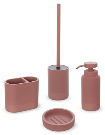 Set Accessori Bagno 4 Pezzi Con Dispenser Sapone Liquido, Bicchiere Porta Spazzolini, Porta Saponetta E Porta Scopino WC In Poliresina Terracotta Della Linea Marica