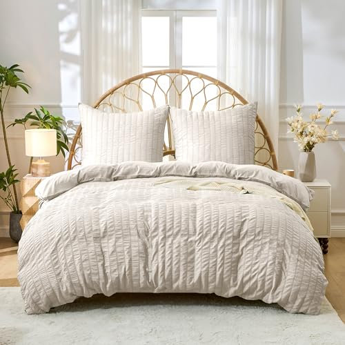 Simple&Opulence Seersucker Bettwäsche 135x200cm, Weiche Wende Bettwäsche Set aus Mikrofaser, Gestreift Muster Bettbezug und 1 Kissenbezug 80x80cm, Beige