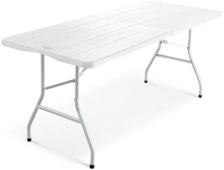 KEPLIN 6ft Folding Table with Patterned Top, 180x70x74cm – Sturdy Metal Frame, Waterproof, Portable & Easy Assembly – Ideal for Parties, BBQs, Camping (Wood Slate)