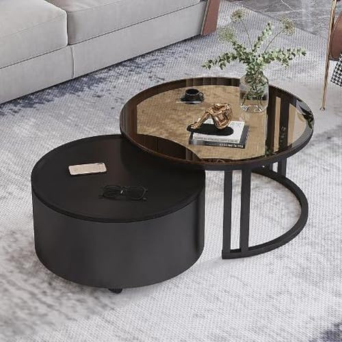 Rivorne Kreativer Runder Couchtisch Aus Glas mit Metallrahmen, Couchtisch Rund 2er Set, Mit Stauraum, für Kleine Räume Wohnzimmer Schlafzimmer Balkone mit Rädern(B-Black)