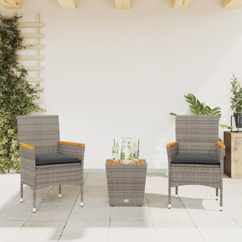 Fasba 3-TLG. Bistroset, Sitzgruppe, Balkonset, Gartengarnitur, Garten Terrasse Balkon Möbel Garnitur, mit Kissen Grau Poly Rattan und Glas