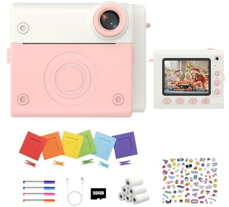 Kids Instant Camera, Selfie & Video, Prints Over 300 Photos, 32G TF Card, Colorful Pens and Photo Frames for Collage, Birthday Christmas Gift Girls and Boys 3-14 Years (Pink)