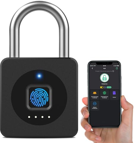 Vorhängeschloss Fingerabdruck, Dhiedas Bluetooth Schloss mit Fingerabdruck und APP, 43MM Vorhängeschloss Klein mit 6MM Dicker Schäkel für Fitnessstudio, Spind, Schule - Schwarz