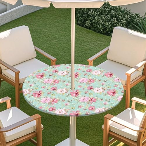 Morbuy Outdoor Tischdecke mit Schirmloch, 3D Blume Muster Runde Elastische Tischdecke Outdoor, Wasserdicht Tisch Decken mit Gummizug Gartentischdecken Tischtuch (Rosa Blume B,78-88cm)