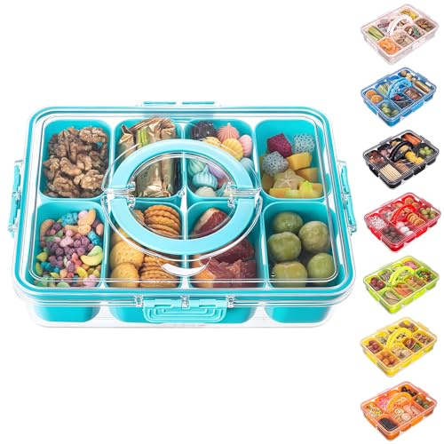 Divided Serving Tray with Lid and Handle - Snackle Box Charcuterie Container for Portable Snack Platters Organizer for Candy, Fruits, Nuts, Snacks - Perfect for Party, Entertaining, Lake blue