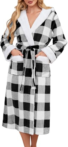 Niwicee Peignoir Femme Hiver Polaire Capuche - Robe de Chambre Élégante et Chaude en Peluche Douce avec Ceinture et Poches - pour Sortie de Bain, Maison, Noël