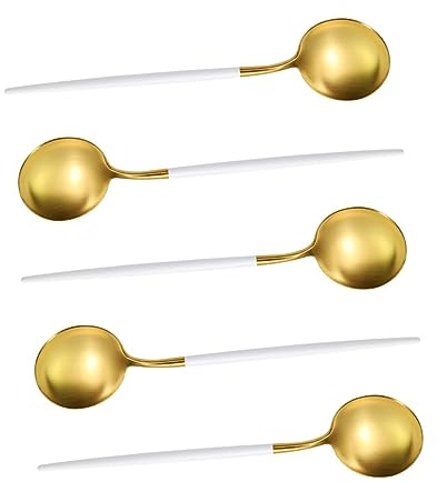 Sosoport 5Pièces Cuillères à Soupe Ronde Acier Inoxydable Set de Ustensiles de Cuisine et Élégants pour Soupe Café et Pique