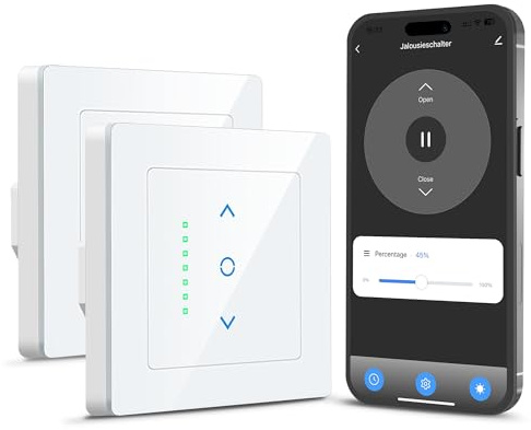LincoSoft WLAN rullgardinsswitch med procentkontroll, smarta rullgardiner kompatibel med Echo Alexa/Google, persiennbrytare med timer och röststyrning, 80 x 80 mm, 2 stycken (vit)
