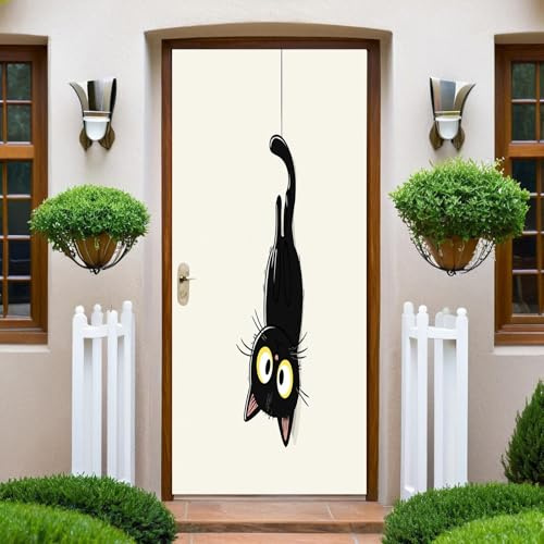 Graffiti Türtapete Selbstklebend Türfolie Cartoon schwarze Katze Türaufkleber Wandbild PVC Türtattoos Türposter Fototapete für Wohnzimmer Schlafzimmer Küche Toilette Türdeko 90x200 cm