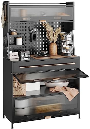 NETEL Küchenschrank mit Arbeitsplatte und Schubladen, Bäckerregal Küche, Mikrowellenschrank,Küchenbuffet Buffetschrank, Kaffeeschrank, Schwarz, 100x42x168cm