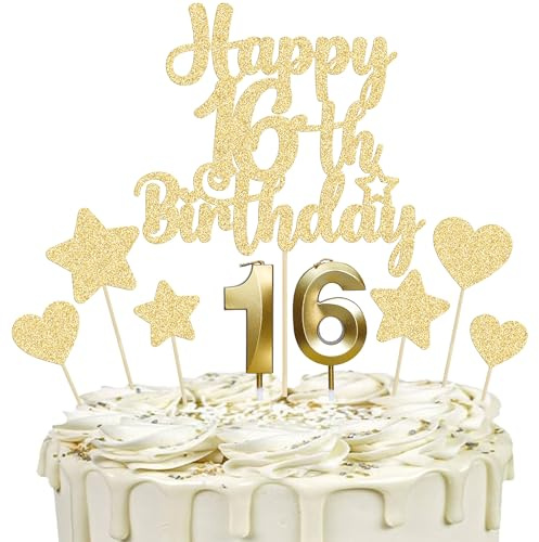 Gyufise 15Pcs Happy 16th Birthday Cake Topper Set with Heart Star Glitter Cheers to 16 Years Cake Picks Number 16 Candles Cake Decorations for Happy 16th Birthday Anniversary Party Supplies Gold