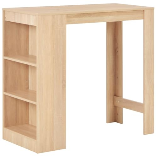 QUAHEAS Bartisch mit Regal, Eichenbraun 110x50x103 cm, Stehtisch für Küche Esszimmer, Platzsparendes Design mit 3-stufigem Lagerregal, Stabiler Holzwerkstoff für kleine Wohnungen