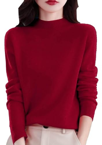 Generisch Damen Wollpullover, Rundhalsausschnitt, Langarm, Weich, Glattstrick。 (Wine Red,XL)