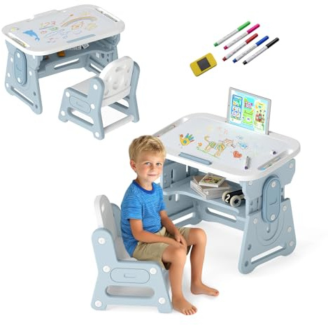 GOPLUS Juego de Mesa y Silla de Arte para Niños, Escritorio Ajustable en Altura con Pizarra, Tapa Inclinable, Portalápices, Grupo de Asientos y Escritorio 4 en 1 para Hogar, Aula, Guardería (Azul)