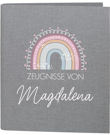 Striefchen® Zeugnismappe personalisiert mit Name – Leinenstoff – 5 Farben zur Auswahl – Regenbogen-Motiv – DIN A4 – 4-Ring-Ordner für Kinder – Mappe zur Aufbewahrung von Schulzeugnissen (Grau)