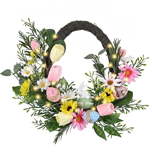 Valery Madelyn Pre-Lit Easter Wreath for Front Door, Unique Egg Shaped Spring Wreath Decoration with Bunny, Pastel Eggs & Tulip Daisy Flower, Artificial Farmhouse Indoor Outdoor Wall Window Decor-16''