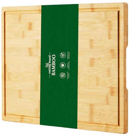 CUSWARE Bambus Schneidebrett Groß 44,7×30,5 cm – 1,5 cm Dünnes Holz Schneidbrett mit Tiefer Saftrille, Messerschonend & Leicht, Vielseitiges Küchenbrett & Servierbrett aus 100% Naturbambus