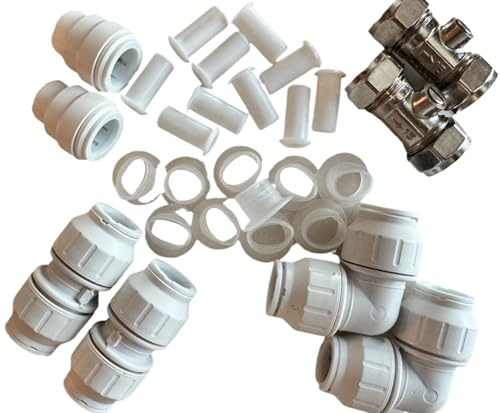 Victor George Homes Plumbing Push Fit 15mm DIY Assorted Fittings. 2 x Stop Ends, 2 x Straight Couplers, 2 x 90 Deg Bends, 10 x Pipe Inserts, 10 x PTFE Grommets, 2 x Shut Off Valve
