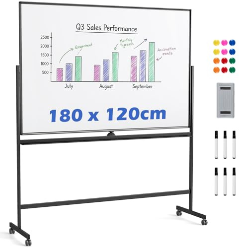 COSTWAY Lavagna Bianca Mobile, Lavagna Magnetica Cancellabile Doppia Faccia con Cavalletto, 2 Altezze Regolabili e Ruote Bloccabili (186 x 54 x 195/215 cm,Nero)