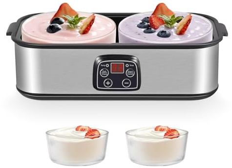Yogurtera con pantalla LED y 2 recipientes de cristal de 1000 ml, con temperatura ajustable y temporizador, para yogurt, queso, natto, postres saludables