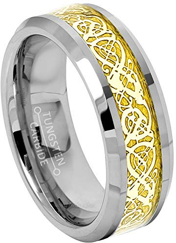 Jewelry Avalanche 2-Tone Tungsten Wedding Band, 8mm Matte & Polished Comfort Fit Beveled Edge Tungsten Carbide Ring w/Golden Celtic Dragon Inlay - s8.5