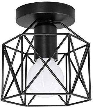 Artpad Vintage Loft Jaula de hierro negro Lámpara de techo LED 5W Luz de metal nórdico con luz blanca para cocina Dormitorio Balcón Barra de pasillo E27 Luminaria de techo geométrica