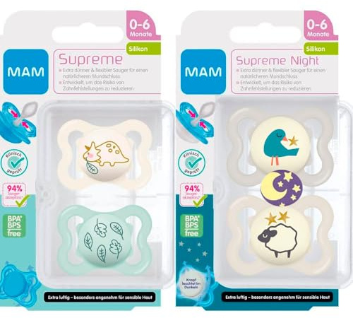 MAM Dental Schnuller 4er Set Supreme, 0-6 Monate, haut- und zahnfreundlicher Schnuller, SkinSoft Silikon