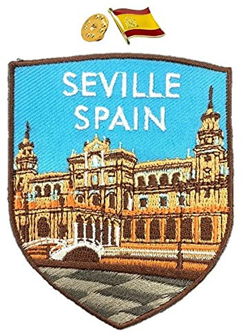 A-ONE Lot de 2 broderies de ville de Séville + épinglette de revers de drapeau de l'Espagne - Souvenir de la ville - Broche de qualité - Accessoires de bricolage - Patch à coudre ou à repasserN° 300P