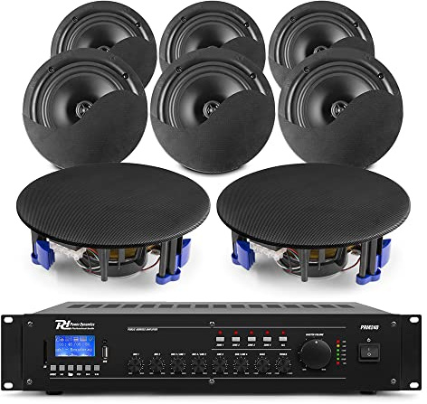 Power Dynamics Black Ceiling Speaker System - Complete Commercial PA Kit with 8x NCSP5B 5.25-inch Speakers, PRM240 4-Zone Amplifier, Bluetooth & Cable Ideal For Shop & Restaurant Sound Systems
