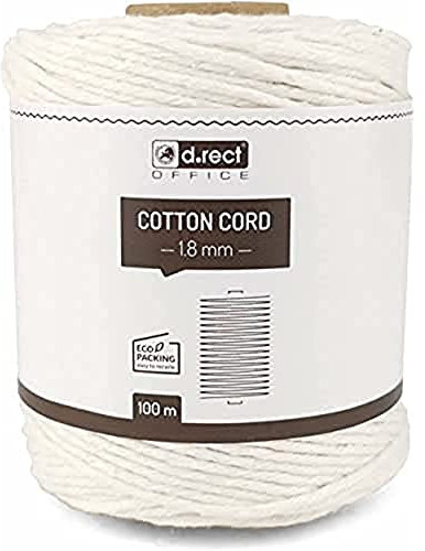 D.RECT - 100 m - 1,8 mm - Cordón de algodón Natural, Hilo de macramé, Hilo de algodón, Cuerda de algodón, Cuerda de algodón, Cuerda de algodón para Tejer Manualidades, Color Blanco Fuerte