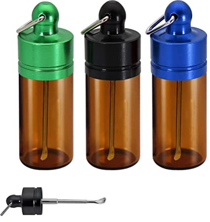 Lot de 3 mini pilules portables en verre avec cuillères - Étanche - Distributeur de pilules de poche - Porte-clés - Boîte à pilules
