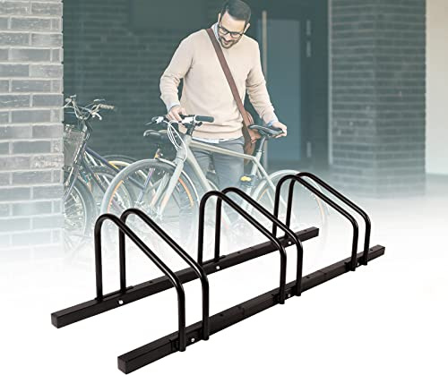 KARAT Soporte de bicicleta para 3 bicicletas con anchos de neumáticos de hasta 55 mm, montaje en suelo o montaje en pared, soporte para ruedas, soporte de suelo, (negro, 3 bicicletas)
