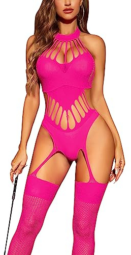 RSLOVE Intimo Donna Sexy Lingerie Body A Rete Collant Stretto Bodystocking Taglia Unica Rosa Neon