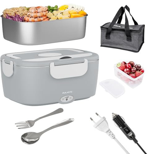 Nulmvic Lunch Box Gamelle Chauffante: 75W Lunch Box Chauffante Électrique 220V/ 12V/ 24V 1,5L Boîte Chauffante Repas 304 Acier Inoxydable pour Voiture Camion Bureau École (Gris)