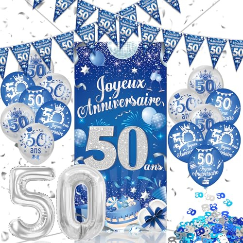 DPKOW Français Décorations Anniversaire 50 ans Homme Bleu Argenté, Banderoles Bannière Joyeux Anniversaire 50 ans Ballon en Foil Latex de Confetti Déco