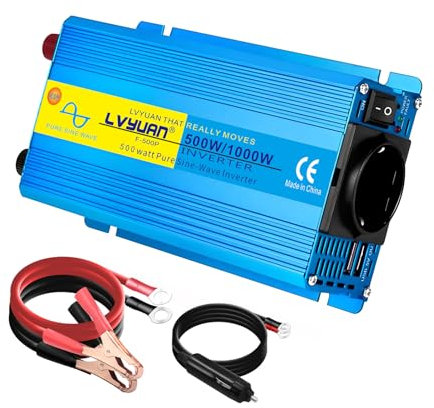 Reiner Sinus Wechselrichter 12V 230V 500W /1000W Spannungswandler Inverter 12V 220V | stromumwandler mit 2 Steckdose USB