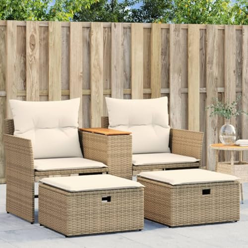 Homgoday Gartensofa 2-Sitzer mit Hockern Beige Poly Rattan Gartenmöbel Model365805