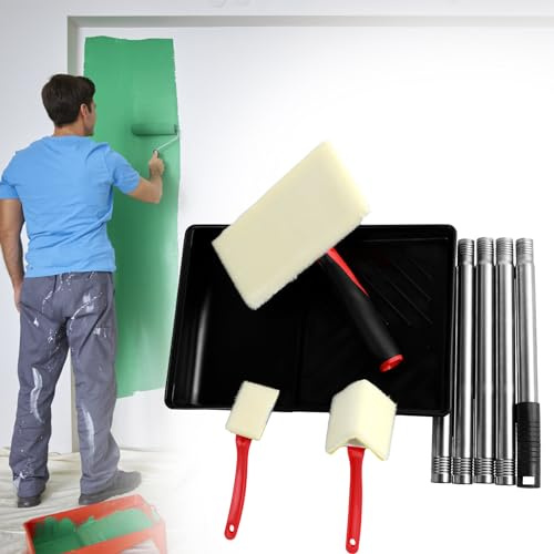 7 Inch Paint Pad Applicator Set, Corner Walls and Ceilings Pad Painter Decorating Paint Pad Kit with Extension Pole and Paint Tray, Multifunction Paint Trimming Tool for Wood Decks, Floors, Fences