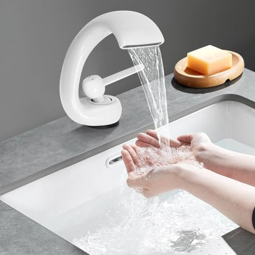 Wasserfall Badezimmerarmatur Messing Wasserfallarmatur Elegante Armatur Waschbecken Mischbatterie Kaltes und Heißes Bad Wasserhan Moderner Waschtischarmatur für Badezimmer Küche (Weiß)