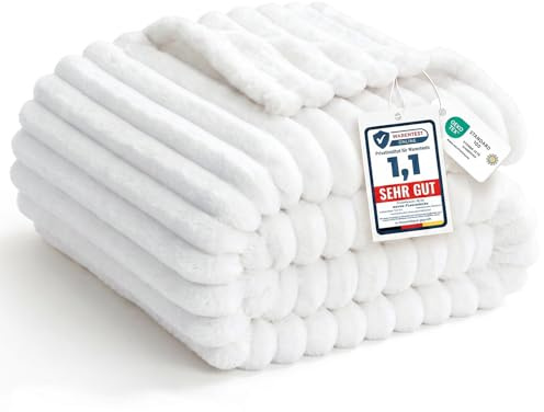 WAVVE Kuscheldecke 220x240 cm - Weiß - Weiche Flanell Fleecedecke, Sofadecke & Couchdecke, Warme Korddecke für Wohnzimmer Deko, Sofaüberwurf Tagesdecke, XXL Große Decke