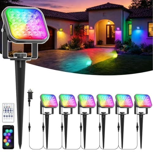 NATPOW 6 Stück Gartenbeleuchtung mit Strom RGB, LED Farbwechsel Bluetooth App & Fernbedienung Gartenstrahler mit Erdspieß, IP65 Wasserdicht Gartenleuchten Set für Garten,Rasen Pfad Bäume Außen