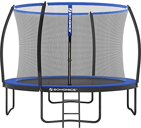 SONGMICS Trampolino da 305 cm, Trampolini Elastico 10 Piedi con Rete di Recinto, Tappeto Protettivo, Palo Alto 180 cm, Struttura Metallica, Nero e Blu STR10BK