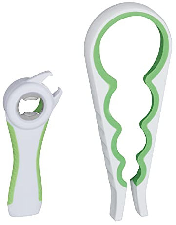 Relaxdays 10027894_252 Abrebotellas Multiusos, Abridor multifunción, Abrelatas, Universal, 1 Set, Blanco & Verde, Plástico