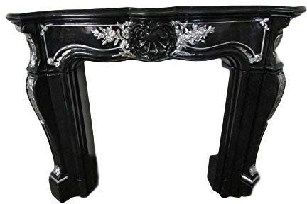 Kaminumrandung Stil Barock Rokoko Louis Cararablackblueperl mit Silber farbmarmoriert Kaminverkleidung Breite140cm