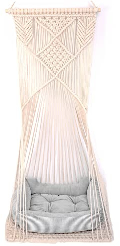 Sdjazl Doralus Cat Bed Cat Hammock Macrame Cat Swing Bed Cat Cage Cotton Rope Hanging Cat House Cats Toy Tassel Basket Tapestry (Beige, Swing Bed+Cushion)