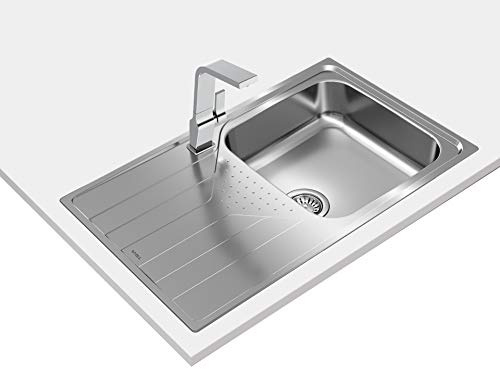 TEKA Fregadero Encastrado 1 Cubeta con Escurridor en Acero Inoxidable, Reversible, Profundidad 190mm, Mueble 50cm, Desagüe Manual con Válvula Canasta y Sifón, Universe 50 T-XP 1C 1E Plus