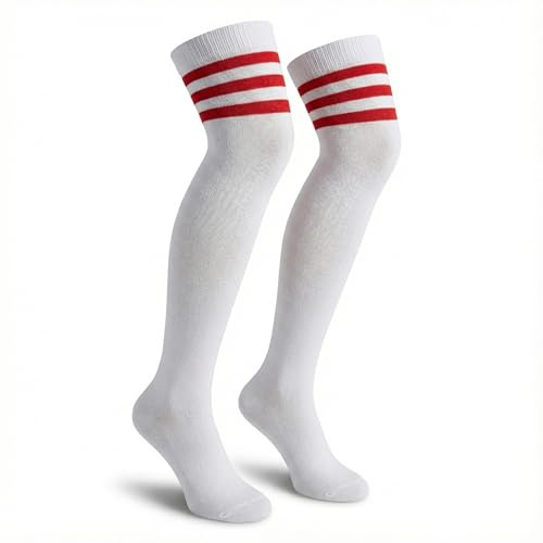 FAIRY TRENDZ LTD Over Knee Thigh Socks Knee-High Warm Stocking Women Leg Warmer OTK High Socks Stripe, Referee Socks (Referee White/Red Stripe UK 4-6)