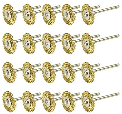 Set di spazzole per ruote in filo di acciaio da 20 mm 22 mm per lucidatura di metalli Spazzola rotante con gambo da 3,0 mm per strumento di lucidatura per utensili rotanti Dremel, 20 pezzi in ottone