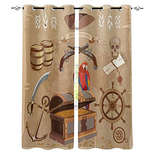 ADKMC Blickdichter Vorhang Mit Ösen, Pirat Papagei Schatz Schädel 140X100Cm Verdunkelungsvorhang, 2Er Set Gardinen, Polyester Für Schlafzimmer, Kinderzimmer, Wohnzimmer Dekoration